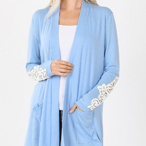 New Zenana Open Front Cardigan Lace Sleeves Blue sz 1XL